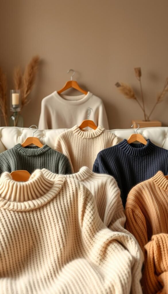 A cozy, high-end cashmere sweater collection in a warm, sophisticated setting. A foreground of luxurious, textured cashmere knits in neutral tones such as oatmeal, charcoal, and camel. Soft, diffused lighting creates a flattering, elegant atmosphere. In the middle ground, the sweaters are displayed on wooden hangers or neatly folded on a plush, minimalist sofa. The background features a muted, earthy color palette with hints of natural wood and understated decor, conveying a sense of timeless, refined style. The overall mood is one of understated luxury, quality craftsmanship, and timeless sophistication. A cozy, high-end cashmere sweater collection in a warm, sophisticated setting. A foreground of luxurious, textured cashmere knits in neutral tones such as oatmeal, charcoal, and camel. Soft, diffused lighting creates a flattering, elegant atmosphere. In the middle ground, the sweaters are displayed on wooden hangers or neatly folded on a plush, minimalist sofa. The background features a muted, earthy color palette with hints of natural wood and understated decor, conveying a sense of timeless, refined style. The overall mood is one of understated luxury, quality craftsmanship, and timeless sophistication.
