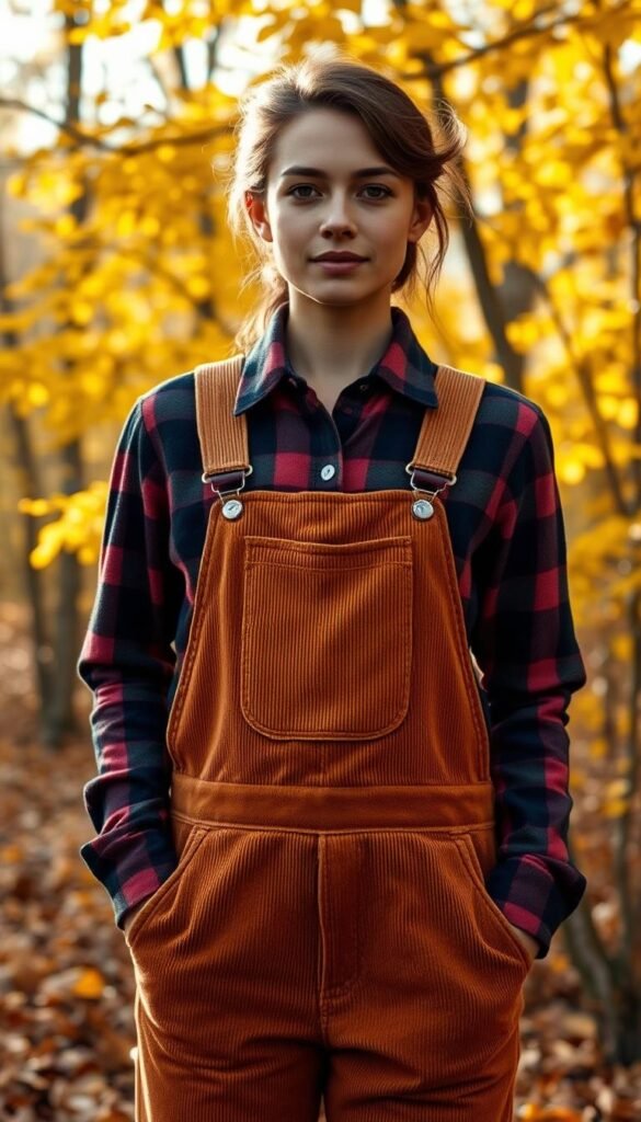 A crisp autumn day, a cozy corduroy-clad figure stands amid a backdrop of golden leaves and earthy tones. The overalls, in a rich chestnut hue, cut a classic silhouette, the straps artfully crisscrossing over a plaid flannel shirt in warm shades of burgundy and forest green. Sunlight filters through the trees, casting a soft, ambient glow that highlights the textures of the fabrics. The model's expression conveys a sense of comfort and contentment, embodying the quintessential fall aesthetic. Framed by a picturesque landscape, this image captures the essence of an effortless, yet stylish, autumnal ensemble. A crisp autumn day, a cozy corduroy-clad figure stands amid a backdrop of golden leaves and earthy tones. The overalls, in a rich chestnut hue, cut a classic silhouette, the straps artfully crisscrossing over a plaid flannel shirt in warm shades of burgundy and forest green. Sunlight filters through the trees, casting a soft, ambient glow that highlights the textures of the fabrics. The model's expression conveys a sense of comfort and contentment, embodying the quintessential fall aesthetic. Framed by a picturesque landscape, this image captures the essence of an effortless, yet stylish, autumnal ensemble.
