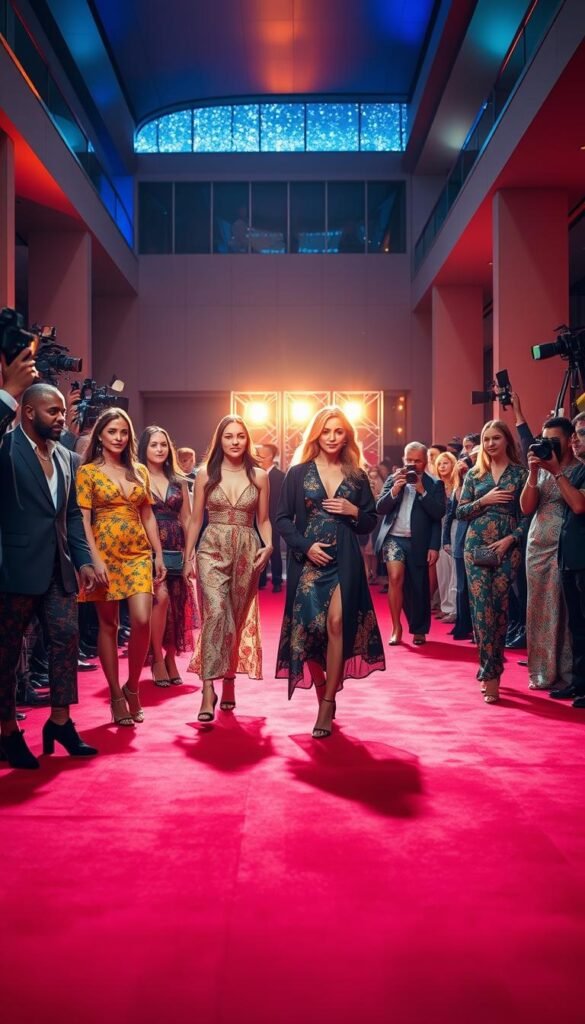 A glamorous red carpet scene, capturing the essence of celebrity style inspiration. In the foreground, a group of fashionably dressed individuals, their outfits meticulously curated, exuding confidence and sophistication. Vibrant colors, intricate patterns, and luxurious fabrics create a visually captivating display. The middle ground features a backdrop of flashing cameras and adoring fans, conveying the excitement and energy of the event. Dramatic lighting casts a warm, inviting glow, accentuating the celebrities' features and highlighting the allure of their attire. In the background, a sleek, modern setting with architectural elements and a hint of a glittering skyline sets the stage for this stylish showcase. The overall atmosphere is one of high-fashion glamour, where the subjects effortlessly inspire and captivate with their sartorial choices. A glamorous red carpet scene, capturing the essence of celebrity style inspiration. In the foreground, a group of fashionably dressed individuals, their outfits meticulously curated, exuding confidence and sophistication. Vibrant colors, intricate patterns, and luxurious fabrics create a visually captivating display. The middle ground features a backdrop of flashing cameras and adoring fans, conveying the excitement and energy of the event. Dramatic lighting casts a warm, inviting glow, accentuating the celebrities' features and highlighting the allure of their attire. In the background, a sleek, modern setting with architectural elements and a hint of a glittering skyline sets the stage for this stylish showcase. The overall atmosphere is one of high-fashion glamour, where the subjects effortlessly inspire and captivate with their sartorial choices.