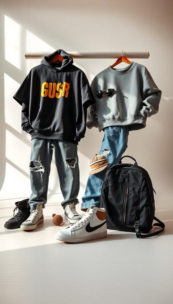 A high-quality streetwear fashion still life shot in a bright, airy studio with natural lighting. In the foreground, an array of quintessential streetwear essentials are elegantly arranged - a bold graphic tee, oversized hoodie, distressed denim jeans, and a sleek pair of high-top sneakers. The middle ground features a selection of accessories like a beanie, sunglasses, and a stylish backpack. The background has a minimalist, neutral-toned backdrop that allows the streetwear pieces to take center stage. The overall mood is aspirational yet accessible, showcasing a refined, contemporary streetwear aesthetic. A high-quality streetwear fashion still life shot in a bright, airy studio with natural lighting. In the foreground, an array of quintessential streetwear essentials are elegantly arranged - a bold graphic tee, oversized hoodie, distressed denim jeans, and a sleek pair of high-top sneakers. The middle ground features a selection of accessories like a beanie, sunglasses, and a stylish backpack. The background has a minimalist, neutral-toned backdrop that allows the streetwear pieces to take center stage. The overall mood is aspirational yet accessible, showcasing a refined, contemporary streetwear aesthetic.