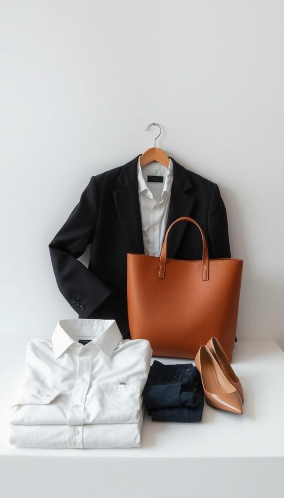 A meticulously curated collection of versatile wardrobe essentials, artfully arranged against a clean, minimalist backdrop. In the foreground, a neatly folded selection of timeless basics - a crisp white button-up, a tailored black blazer, and a pair of dark denim jeans. In the middle ground, a collection of neutral-toned accessories - a structured leather tote, a sleek metal watch, and a pair of classic pumps. The lighting is soft and diffused, highlighting the refined elegance of these statement pieces. The overall mood is one of effortless sophistication, showcasing the foundational building blocks of a wardrobe that can be endlessly mixed and matched to create endless stylish outfits. A meticulously curated collection of versatile wardrobe essentials, artfully arranged against a clean, minimalist backdrop. In the foreground, a neatly folded selection of timeless basics - a crisp white button-up, a tailored black blazer, and a pair of dark denim jeans. In the middle ground, a collection of neutral-toned accessories - a structured leather tote, a sleek metal watch, and a pair of classic pumps. The lighting is soft and diffused, highlighting the refined elegance of these statement pieces. The overall mood is one of effortless sophistication, showcasing the foundational building blocks of a wardrobe that can be endlessly mixed and matched to create endless stylish outfits.