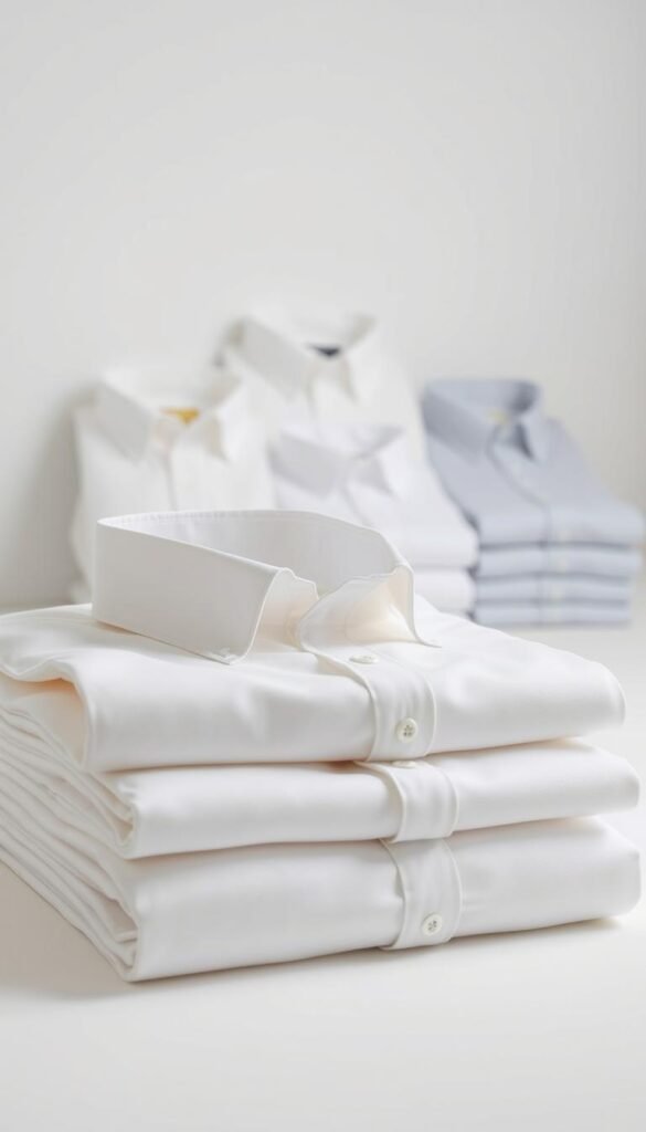A neatly folded stack of crisp, pristine white cotton button-down shirts, bathed in soft, even lighting that accentuates the subtle texture and weave of the fabric. The shirts are arranged in the foreground, their crisply pressed collars and cuffs drawing the eye. In the middle ground, a few additional shirt options are displayed, allowing the viewer to appreciate the nuanced differences in fabric weight, sheen, and drape. The background is a clean, minimalist space, devoid of distractions, keeping the focus squarely on the timeless elegance of the white button-down shirts. A neatly folded stack of crisp, pristine white cotton button-down shirts, bathed in soft, even lighting that accentuates the subtle texture and weave of the fabric. The shirts are arranged in the foreground, their crisply pressed collars and cuffs drawing the eye. In the middle ground, a few additional shirt options are displayed, allowing the viewer to appreciate the nuanced differences in fabric weight, sheen, and drape. The background is a clean, minimalist space, devoid of distractions, keeping the focus squarely on the timeless elegance of the white button-down shirts.