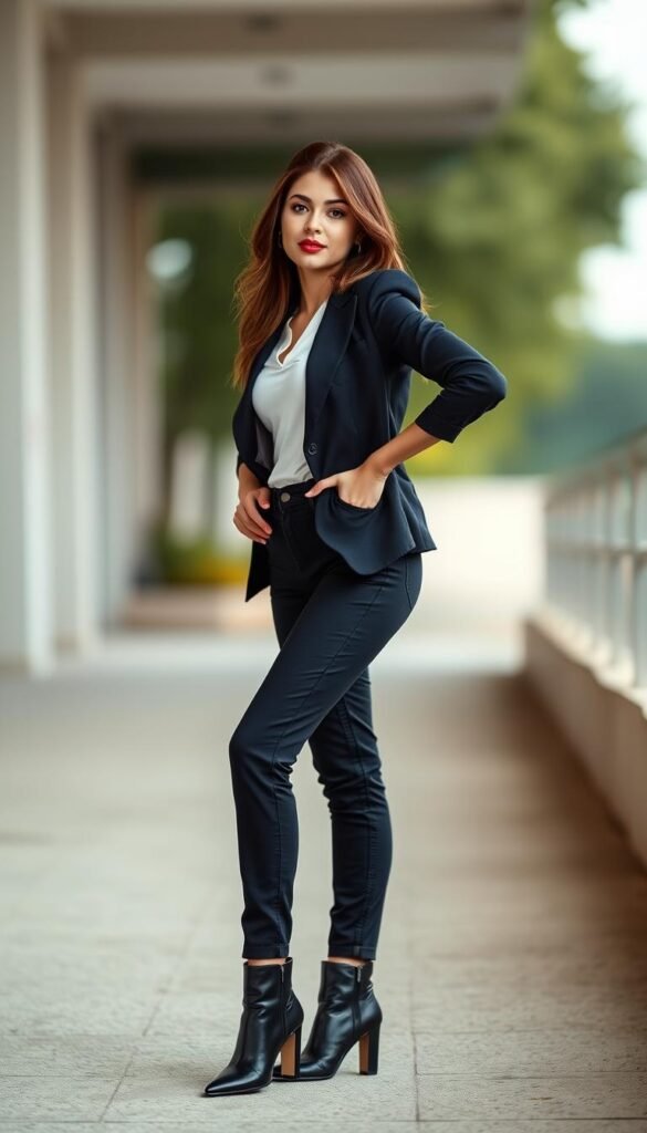 A stylishly dressed young woman posing confidently, with her outfit visually divided into thirds. The foreground features her well-proportioned figure, accentuated by a fitted blazer, tailored pants, and sleek ankle boots. The middle ground showcases her pose, with one hand on her hip, creating a dynamic, asymmetrical composition. The background blurs softly, allowing the focus to remain on the subject's balanced, fashion-forward silhouette. Soft, natural lighting illuminates the scene, highlighting the textures and details of the outfit. The overall mood is one of effortless style and proportion mastery. A stylishly dressed young woman posing confidently, with her outfit visually divided into thirds. The foreground features her well-proportioned figure, accentuated by a fitted blazer, tailored pants, and sleek ankle boots. The middle ground showcases her pose, with one hand on her hip, creating a dynamic, asymmetrical composition. The background blurs softly, allowing the focus to remain on the subject's balanced, fashion-forward silhouette. Soft, natural lighting illuminates the scene, highlighting the textures and details of the outfit. The overall mood is one of effortless style and proportion mastery.