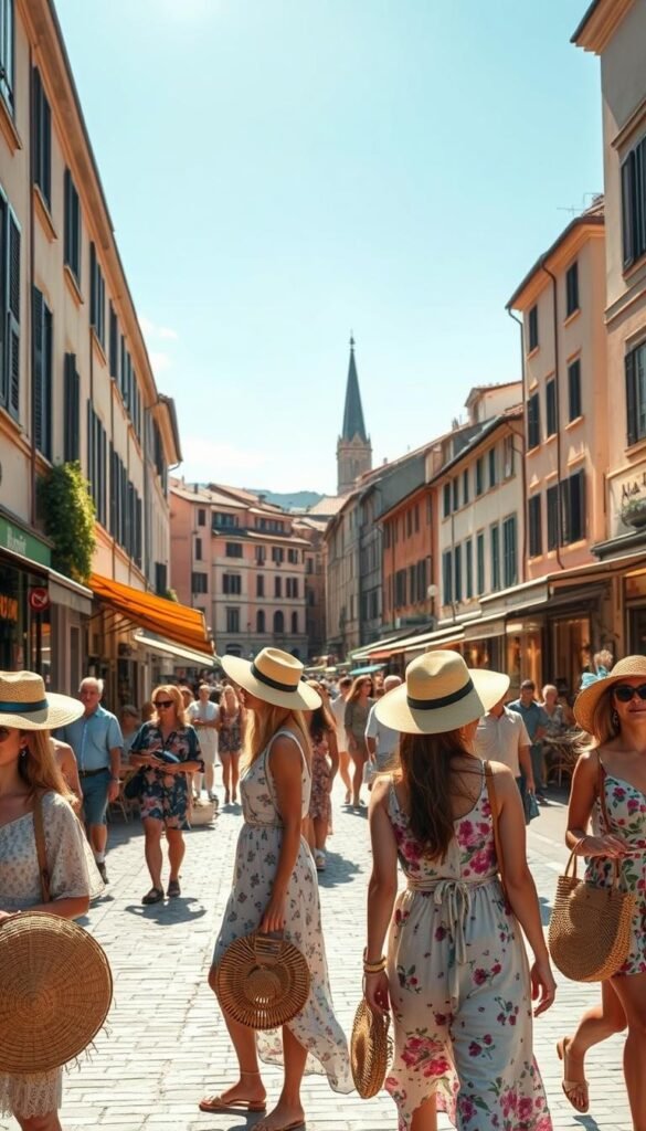 A sun-drenched European town square, bustling with the essence of summer. In the foreground, a vibrant array of fashion elements - straw hats, floral sundresses, linen shirts, and woven bags. Candid shots of stylish locals strolling by, caught in the warm, golden light. In the middle ground, outdoor cafes and boutiques, their colorful awnings and window displays reflecting the carefree, fashionable spirit. The background features historic architecture, cobblestone streets, and the distant silhouette of a church spire. The atmosphere is one of effortless elegance, where timeless style and joie de vivre converge, capturing the quintessential European summer fashion experience. A sun-drenched European town square, bustling with the essence of summer. In the foreground, a vibrant array of fashion elements - straw hats, floral sundresses, linen shirts, and woven bags. Candid shots of stylish locals strolling by, caught in the warm, golden light. In the middle ground, outdoor cafes and boutiques, their colorful awnings and window displays reflecting the carefree, fashionable spirit. The background features historic architecture, cobblestone streets, and the distant silhouette of a church spire. The atmosphere is one of effortless elegance, where timeless style and joie de vivre converge, capturing the quintessential European summer fashion experience.