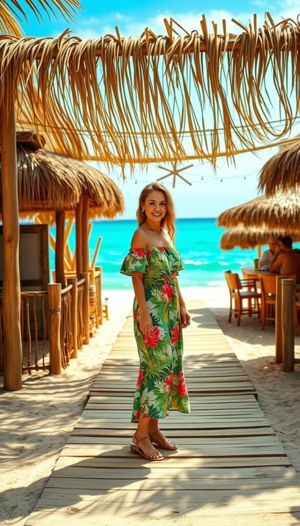 A sun-drenched beach scene, with a woman standing in the foreground, transitioning from her day-to-night summer outfit. She wears a flowy, off-the-shoulder sundress in a vibrant tropical print, paired with strappy sandals. In the middle ground, a boardwalk leads to a lively beach bar, its thatched roof and string lights creating a warm, inviting atmosphere. In the background, the azure ocean stretches out, with gentle waves lapping at the shore. The lighting is soft and golden, creating a dreamy, romantic mood. The camera captures the scene from a slightly elevated angle, highlighting the woman's effortless style and the seamless transition from the beach to the bar. A sun-drenched beach scene, with a woman standing in the foreground, transitioning from her day-to-night summer outfit. She wears a flowy, off-the-shoulder sundress in a vibrant tropical print, paired with strappy sandals. In the middle ground, a boardwalk leads to a lively beach bar, its thatched roof and string lights creating a warm, inviting atmosphere. In the background, the azure ocean stretches out, with gentle waves lapping at the shore. The lighting is soft and golden, creating a dreamy, romantic mood. The camera captures the scene from a slightly elevated angle, highlighting the woman's effortless style and the seamless transition from the beach to the bar.