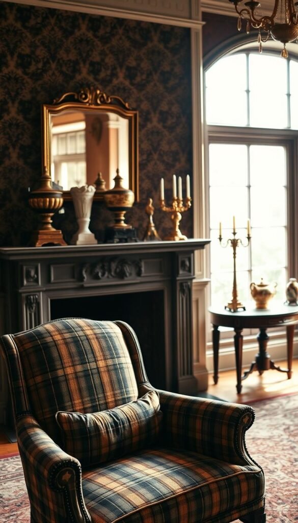 A timeless and stately interior setting, filled with the hallmarks of old money fashion. The foreground showcases an elegant armchair upholstered in a heritage plaid pattern, its deep hues and intricate weave exuding a sense of refined luxury. In the middle ground, a grand fireplace mantel displays antique vases and ornate candelabras, casting a warm, golden glow across the scene. The background features lush, damask-patterned wallpaper, evoking the grandeur of a bygone era. Soft, diffused lighting from a large window filters in, creating a sophisticated and atmospheric ambiance. This image embodies the essence of "heritage patterns in old money fashion" - a portrait of enduring elegance and timeless style. A timeless and stately interior setting, filled with the hallmarks of old money fashion. The foreground showcases an elegant armchair upholstered in a heritage plaid pattern, its deep hues and intricate weave exuding a sense of refined luxury. In the middle ground, a grand fireplace mantel displays antique vases and ornate candelabras, casting a warm, golden glow across the scene. The background features lush, damask-patterned wallpaper, evoking the grandeur of a bygone era. Soft, diffused lighting from a large window filters in, creating a sophisticated and atmospheric ambiance. This image embodies the essence of "heritage patterns in old money fashion" - a portrait of enduring elegance and timeless style.