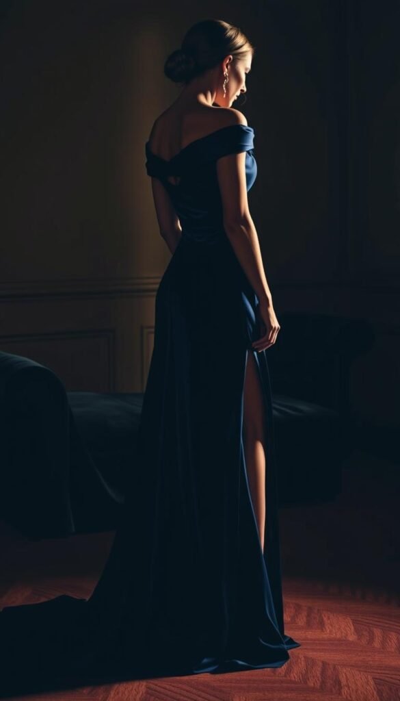 A timeless formal wear silhouette in a dimly lit, elegant setting. A long, flowing evening gown in a rich, midnight blue hue, its satin fabric catching the soft, warm light. The dress elegantly hugs the figure, creating a sophisticated, hourglass silhouette. A high, off-the-shoulder neckline adds a touch of drama, while a thigh-high slit reveals a glimpse of long, slender legs. In the background, a luxurious, velvet-draped chaise lounge sits in a shadowy corner, evoking a sense of refined opulence. The lighting is soft and moody, creating deep shadows and highlights that accentuate the timeless beauty of the ensemble. The overall mood is one of refined elegance and understated wealth. A timeless formal wear silhouette in a dimly lit, elegant setting. A long, flowing evening gown in a rich, midnight blue hue, its satin fabric catching the soft, warm light. The dress elegantly hugs the figure, creating a sophisticated, hourglass silhouette. A high, off-the-shoulder neckline adds a touch of drama, while a thigh-high slit reveals a glimpse of long, slender legs. In the background, a luxurious, velvet-draped chaise lounge sits in a shadowy corner, evoking a sense of refined opulence. The lighting is soft and moody, creating deep shadows and highlights that accentuate the timeless beauty of the ensemble. The overall mood is one of refined elegance and understated wealth.