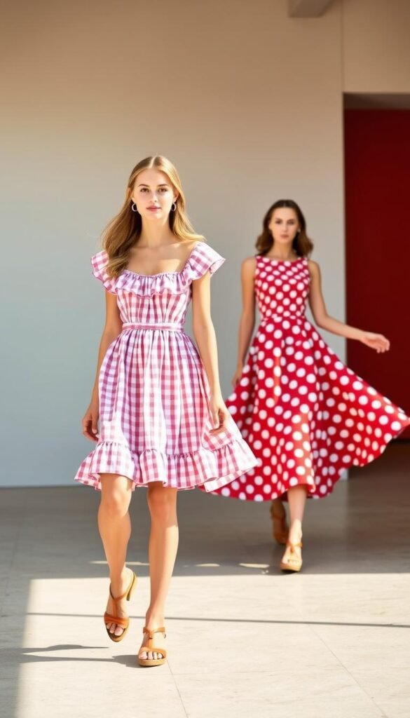 A vibrant fashion scene, showcasing the timeless charm of gingham and polka dots. In the foreground, a model struts confidently in a flirty gingham sundress, its checkered pattern accentuated by delicate ruffles and a cinched waist. Beside her, another model twirls in a playful polka dot midi skirt, its bold dots contrasted by a fitted, solid-colored top. The background features a modern, minimalist setting with clean lines and a neutral color palette, allowing the vibrant outfits to take center stage. Soft, natural lighting bathes the scene, creating a warm, summery atmosphere that invites the viewer to imagine themselves in these carefree, feminine ensembles. An image that captures the timeless appeal and contemporary interpretation of these classic girly patterns. A vibrant fashion scene, showcasing the timeless charm of gingham and polka dots. In the foreground, a model struts confidently in a flirty gingham sundress, its checkered pattern accentuated by delicate ruffles and a cinched waist. Beside her, another model twirls in a playful polka dot midi skirt, its bold dots contrasted by a fitted, solid-colored top. The background features a modern, minimalist setting with clean lines and a neutral color palette, allowing the vibrant outfits to take center stage. Soft, natural lighting bathes the scene, creating a warm, summery atmosphere that invites the viewer to imagine themselves in these carefree, feminine ensembles. An image that captures the timeless appeal and contemporary interpretation of these classic girly patterns.