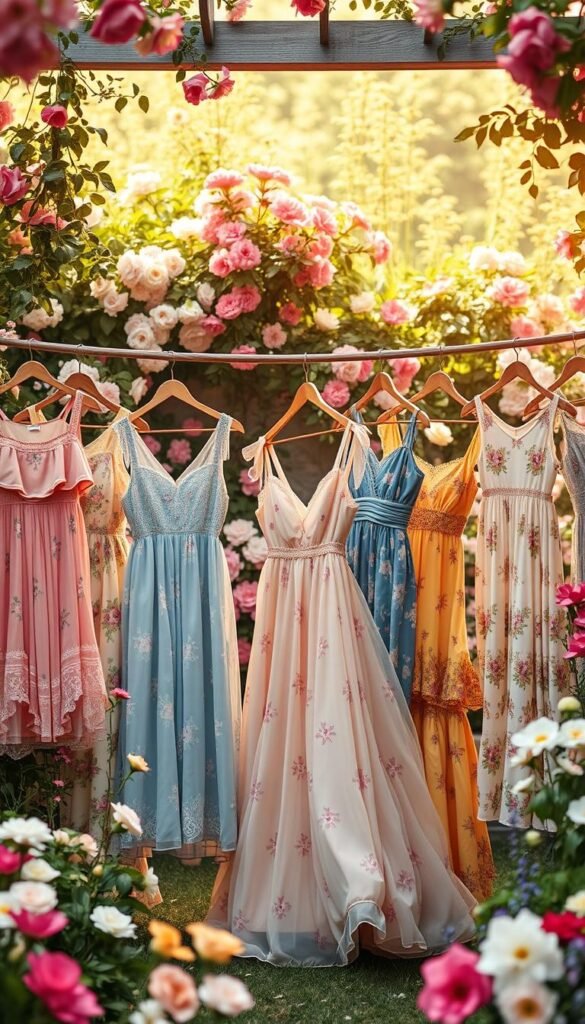 A vibrant garden scene with an elegant display of floral sundresses in various lengths and styles. The foreground features a collection of delicate, flowing dresses in a palette of soft pastels and bold, vibrant hues - pink, yellow, blue, and white. The dresses are arranged in a visually appealing manner, with some shorter above-the-knee styles and others cascading to mid-calf or ankle length. The middle ground showcases a lush, blooming garden backdrop with a variety of flowers, vines, and foliage. Warm, diffused lighting casts a dreamy, romantic glow over the scene, highlighting the intricate details and textures of the fabrics. The overall mood is one of whimsical, summertime elegance. A vibrant garden scene with an elegant display of floral sundresses in various lengths and styles. The foreground features a collection of delicate, flowing dresses in a palette of soft pastels and bold, vibrant hues - pink, yellow, blue, and white. The dresses are arranged in a visually appealing manner, with some shorter above-the-knee styles and others cascading to mid-calf or ankle length. The middle ground showcases a lush, blooming garden backdrop with a variety of flowers, vines, and foliage. Warm, diffused lighting casts a dreamy, romantic glow over the scene, highlighting the intricate details and textures of the fabrics. The overall mood is one of whimsical, summertime elegance.