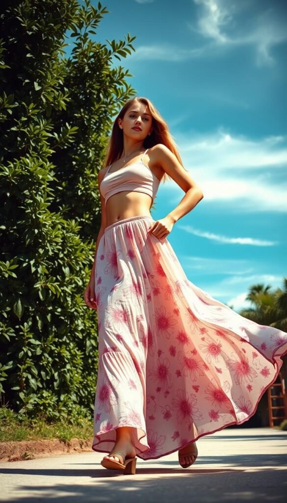 A vibrant, sun-drenched summer scene. In the foreground, a young woman confidently strides, wearing a flowing maxi skirt in a soft, floral print and a fitted, cropped tank top in a complementary hue. Her toned midriff is on display, creating a balanced, playful silhouette. The skirt swishes gently in a light breeze, adding to the sense of effortless movement. In the middle ground, lush, verdant foliage frames the figure, casting delicate shadows across the scene. The background features a clear, azure sky with wispy clouds, conveying a warm, carefree atmosphere. Soft, directional lighting illuminates the woman's features, accentuating her confident poise. The overall impression is one of youthful, stylish ease - a quintessential summer look. A vibrant, sun-drenched summer scene. In the foreground, a young woman confidently strides, wearing a flowing maxi skirt in a soft, floral print and a fitted, cropped tank top in a complementary hue. Her toned midriff is on display, creating a balanced, playful silhouette. The skirt swishes gently in a light breeze, adding to the sense of effortless movement. In the middle ground, lush, verdant foliage frames the figure, casting delicate shadows across the scene. The background features a clear, azure sky with wispy clouds, conveying a warm, carefree atmosphere. Soft, directional lighting illuminates the woman's features, accentuating her confident poise. The overall impression is one of youthful, stylish ease - a quintessential summer look.