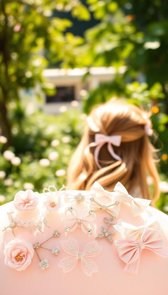 A warm, sunlit summer day. In the foreground, an array of feminine hair accessories in pastel colors and delicate designs - dainty floral hair clips, shimmering hair pins, and whimsical hair bands adorned with bows and lace. The middle ground features a young woman with flowing, sun-kissed hair, casually styling the accessories in various playful arrangements. The background is a soft, blurred scene of a sun-dappled garden, lush with greenery and the occasional flutter of butterflies. The overall mood is one of effortless, carefree summer charm. A warm, sunlit summer day. In the foreground, an array of feminine hair accessories in pastel colors and delicate designs - dainty floral hair clips, shimmering hair pins, and whimsical hair bands adorned with bows and lace. The middle ground features a young woman with flowing, sun-kissed hair, casually styling the accessories in various playful arrangements. The background is a soft, blurred scene of a sun-dappled garden, lush with greenery and the occasional flutter of butterflies. The overall mood is one of effortless, carefree summer charm.