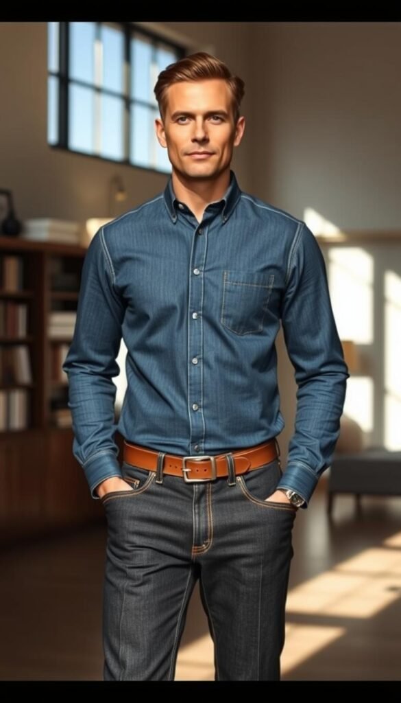 A well-tailored man stands in a refined interior, sunlight filtering through large windows. He wears a classic indigo-blue denim shirt, the fabric crisp and neatly pressed. Fitted straight-leg jeans in a dark wash complete the ensemble, hinting at understated wealth. The lighting casts subtle shadows, accentuating the garment's fine craftsmanship. In the background, a bookshelf and minimalist decor suggest an air of sophistication. The scene conveys a sense of effortless style, where quality and restraint take precedence over flashy branding. A well-tailored man stands in a refined interior, sunlight filtering through large windows. He wears a classic indigo-blue denim shirt, the fabric crisp and neatly pressed. Fitted straight-leg jeans in a dark wash complete the ensemble, hinting at understated wealth. The lighting casts subtle shadows, accentuating the garment's fine craftsmanship. In the background, a bookshelf and minimalist decor suggest an air of sophistication. The scene conveys a sense of effortless style, where quality and restraint take precedence over flashy branding.