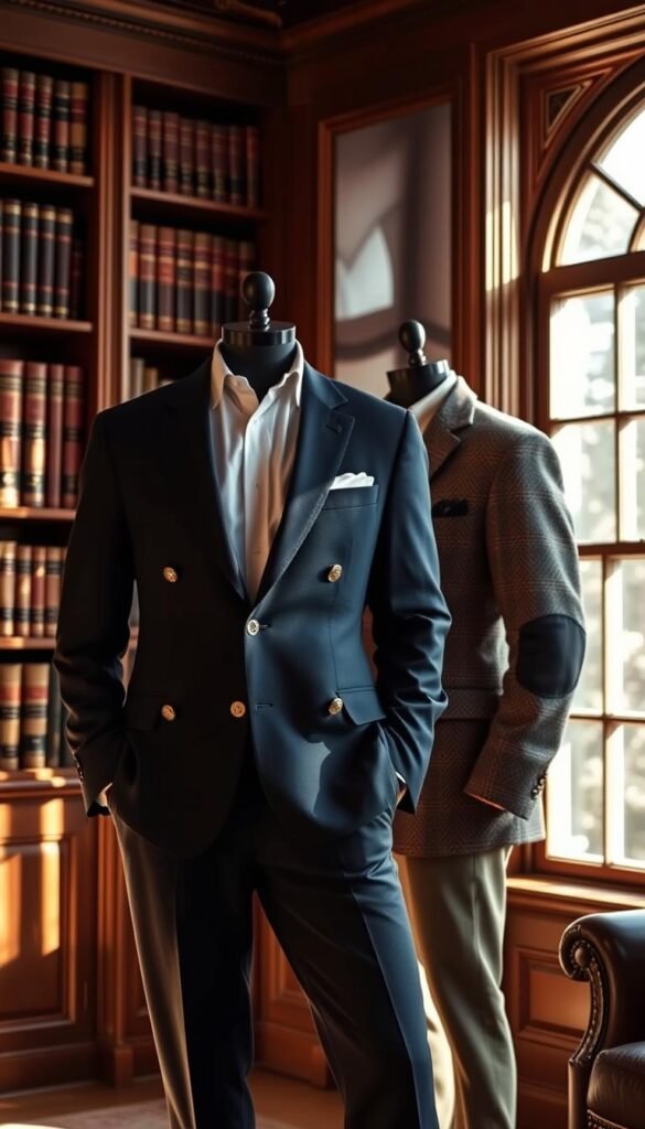 A well-tailored navy blazer and a classic tweed jacket stand elegantly in a sophisticated study. The blazer's sharp silhouette and brass buttons exude timeless sophistication, while the tweed jacket's textured finish and elbow patches evoke an air of academic distinction. Soft, directional lighting from a large window casts warm shadows, highlighting the luxurious fabrics. The scene is framed by mahogany shelves filled with leather-bound books, creating an atmosphere of refined, old-money style. This classic yet versatile outerwear represents the essence of the discerning gentleman's wardrobe. A well-tailored navy blazer and a classic tweed jacket stand elegantly in a sophisticated study. The blazer's sharp silhouette and brass buttons exude timeless sophistication, while the tweed jacket's textured finish and elbow patches evoke an air of academic distinction. Soft, directional lighting from a large window casts warm shadows, highlighting the luxurious fabrics. The scene is framed by mahogany shelves filled with leather-bound books, creating an atmosphere of refined, old-money style. This classic yet versatile outerwear represents the essence of the discerning gentleman's wardrobe.