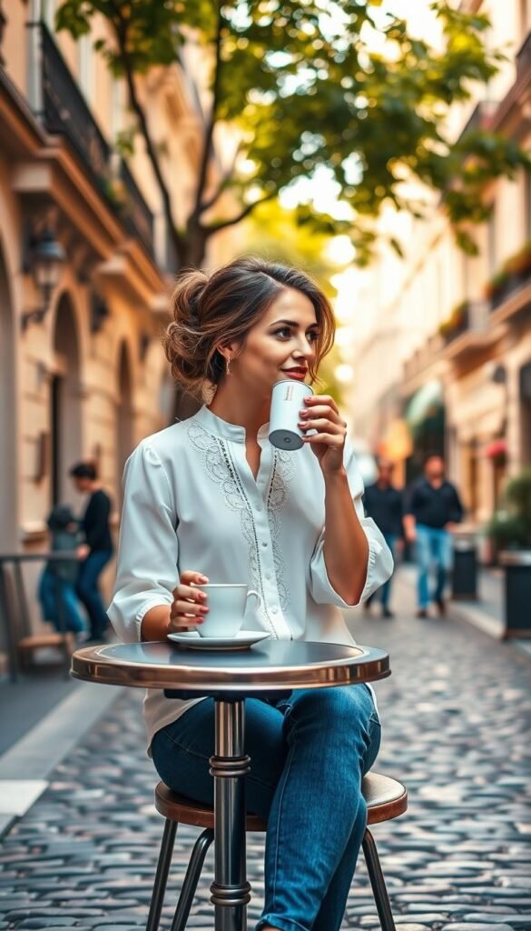 A young woman sits at a small, round café table on a cobblestone street in Paris. She wears a classic white blouse with delicate lace detailing, paired with well-fitted blue jeans that accentuate her figure. Her hair is styled in a relaxed, effortless updo, and she sips from a steaming cup of coffee, gazing out at the passersby. Soft, warm lighting filters through the trees lining the street, casting a golden glow over the scene. The background is filled with the charming facades of Parisian buildings, with wrought-iron balconies and colorful flower boxes. An air of leisurely sophistication pervades the moment, capturing the essence of Parisian café culture. A young woman sits at a small, round café table on a cobblestone street in Paris. She wears a classic white blouse with delicate lace detailing, paired with well-fitted blue jeans that accentuate her figure. Her hair is styled in a relaxed, effortless updo, and she sips from a steaming cup of coffee, gazing out at the passersby. Soft, warm lighting filters through the trees lining the street, casting a golden glow over the scene. The background is filled with the charming facades of Parisian buildings, with wrought-iron balconies and colorful flower boxes. An air of leisurely sophistication pervades the moment, capturing the essence of Parisian café culture.