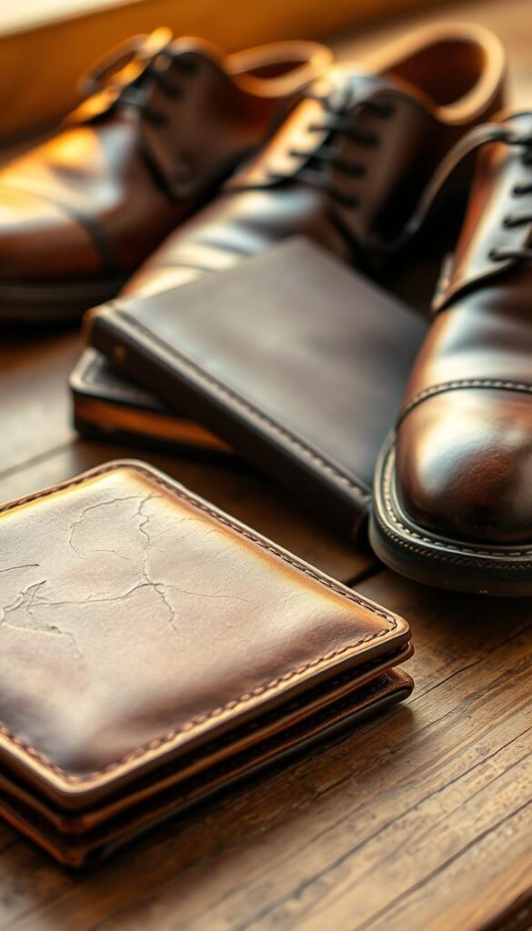 Leather accessories patina development: A still life study showcasing the beauty of aging leather. In the foreground, a well-worn leather wallet, its surface gently distressed and adorned with a soft, burnished patina. Midground, a leather-bound notebook, its cover subtly cracked and weathered, conveying a sense of timeless sophistication. In the background, a pair of leather dress shoes, their soles scuffed and uppers lightly creased, suggesting a life of quiet, understated luxury. Warm, natural lighting casts a golden glow, accentuating the organic textures and tones. Captured with a shallow depth of field, the composition invites the viewer to appreciate the refined elegance of these well-crafted, time-honored accessories. Leather accessories patina development: A still life study showcasing the beauty of aging leather. In the foreground, a well-worn leather wallet, its surface gently distressed and adorned with a soft, burnished patina. Midground, a leather-bound notebook, its cover subtly cracked and weathered, conveying a sense of timeless sophistication. In the background, a pair of leather dress shoes, their soles scuffed and uppers lightly creased, suggesting a life of quiet, understated luxury. Warm, natural lighting casts a golden glow, accentuating the organic textures and tones. Captured with a shallow depth of field, the composition invites the viewer to appreciate the refined elegance of these well-crafted, time-honored accessories.