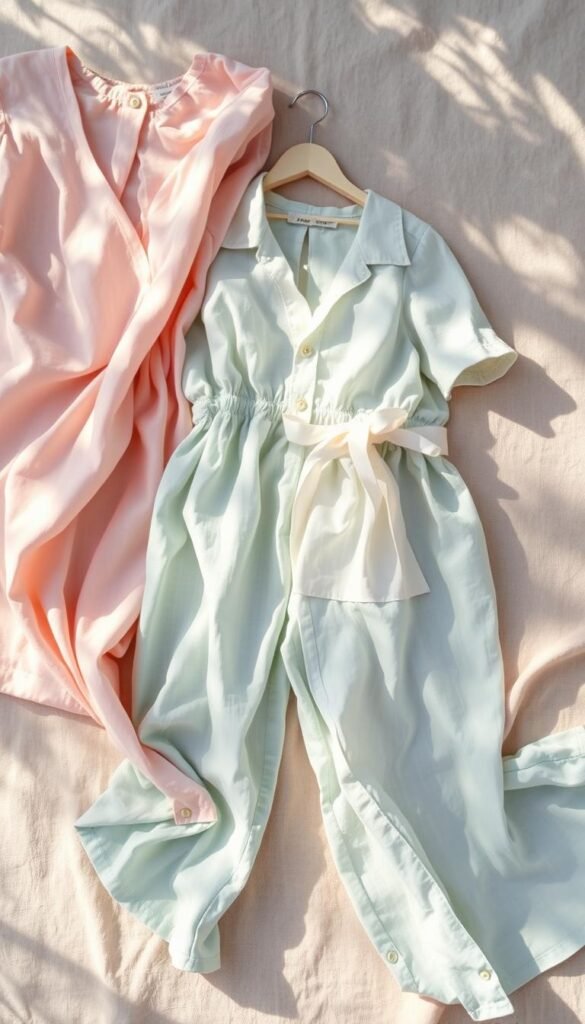Pastel matching sets in linen and cotton fabrics, artfully arranged on a soft, natural background. A dreamy, sun-dappled scene with gentle shadows and a hint of movement, evoking a sense of effortless summer style. The fabrics flow gracefully, their textures complementing each other in a harmonious palette of muted pinks, blues, and greens. Flattering silhouettes and delicate details invite the viewer to imagine themselves donning these playful, feminine outfits. Captured with a shallow depth of field, the focus gently draws the eye to the center of the composition, showcasing the alluring appeal of these chic, versatile sets. Pastel matching sets in linen and cotton fabrics, artfully arranged on a soft, natural background. A dreamy, sun-dappled scene with gentle shadows and a hint of movement, evoking a sense of effortless summer style. The fabrics flow gracefully, their textures complementing each other in a harmonious palette of muted pinks, blues, and greens. Flattering silhouettes and delicate details invite the viewer to imagine themselves donning these playful, feminine outfits. Captured with a shallow depth of field, the focus gently draws the eye to the center of the composition, showcasing the alluring appeal of these chic, versatile sets.