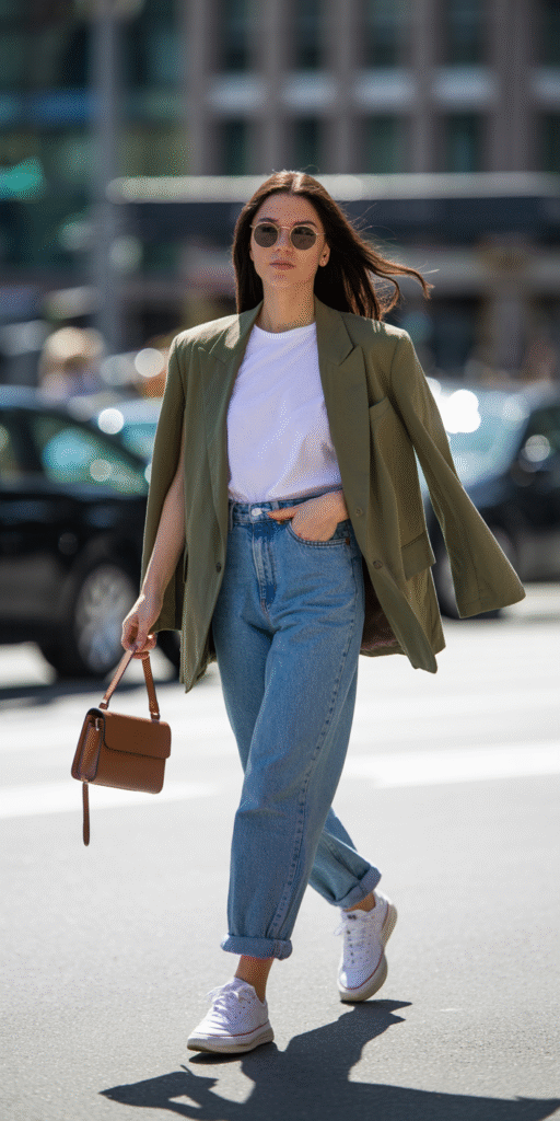 A street style photo of a confident young woman walking in a city with a casual outfit: white t-shirt, blue jeans, oversized blazer, small leather handbag, minimalist sneakers, casual hairstyle, sunny day, natural lighting, Instagram fashion vibe
