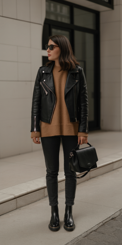 A young woman stands in a well-lit studio, wearing a high-quality black leather jacket with tailored lines and supple texture. Beneath, a soft, lofty cashmere sweater in a neutral beige tone drapes elegantly over her frame. Her dark, slim-fit denim jeans complete the stylish, autumnal look. The lighting is soft and diffused, casting gentle shadows that accentuate the fabric's luxurious sheen. The camera captures the outfit from a mid-body angle, showcasing the balanced proportions and thoughtful layering. The overall mood is one of refined, cozy sophistication - a perfect fall ensemble. Flat lay of a black leather moto jacket layered over a camel cashmere sweater and dark skinny jeans, paired with black Chelsea boots, leather crossbody bag, and sunglasses — moody lighting, edgy chic vibe