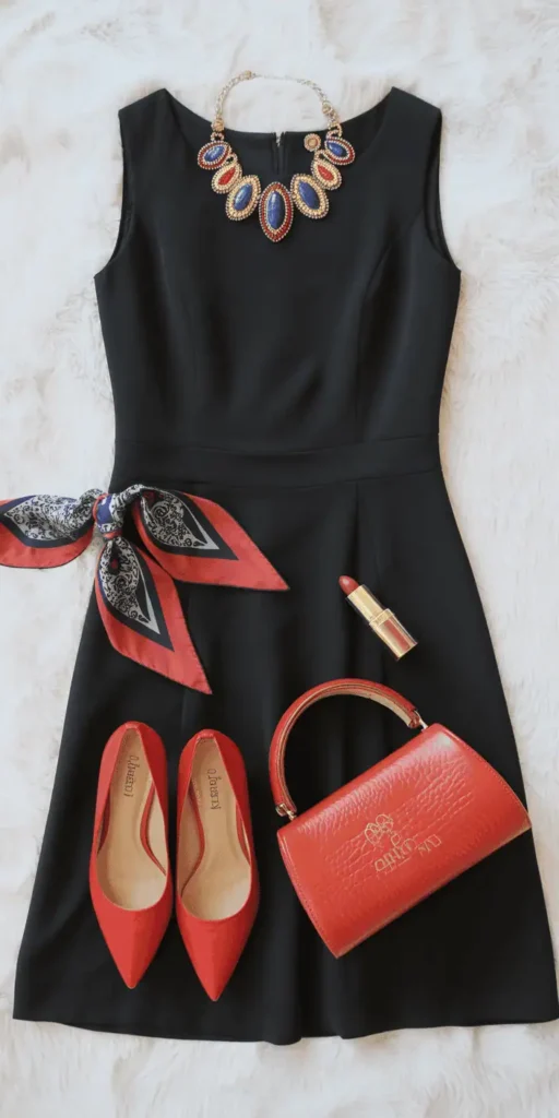 Flat lay of a classic little black dress with bold accessories: colorful statement necklace, bright heels (red or cobalt), silk scarf, gold lipstick case, dramatic yet elegant composition