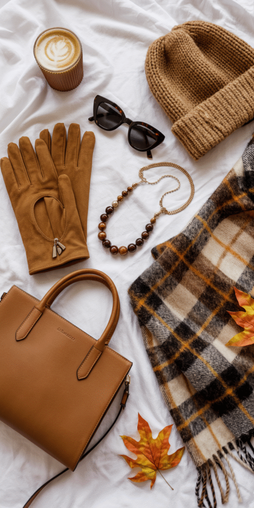 Flat lay of cozy accessories: suede gloves, plaid scarf, oversized sunglasses, knit hat, chunky necklace, and leather bag, styled with leaves and pumpkin latte for autumn vibe