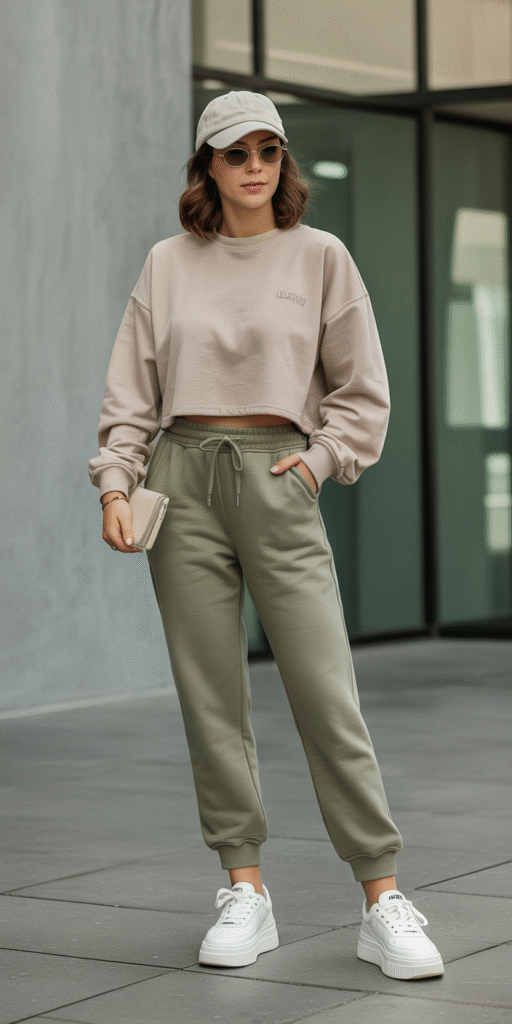 Trendy casual flat lay: beige or olive joggers, cropped sweatshirt or tee, white platform sneakers, baseball cap, tiny sunglasses, mini crossbody, soft modern backdrop