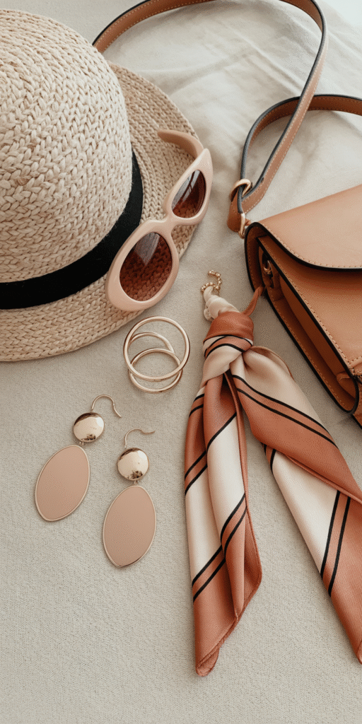 A styled tabletop with accessories: statement earrings, gold rings, silk scarf, leather crossbody bag, sunglasses, all in neutral and soft blush tones, natural textures, bright and feminine, soft shadows, Pinterest aesthetic flat lay