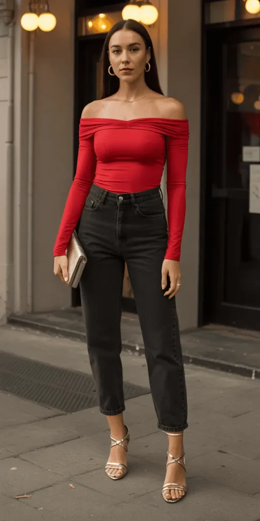 Date night outfit flat lay: dark high-waisted jeans, red or black off-shoulder top, strappy nude heels, gold hoop earrings, clutch bag, warm lighting, bold yet elegant vibe