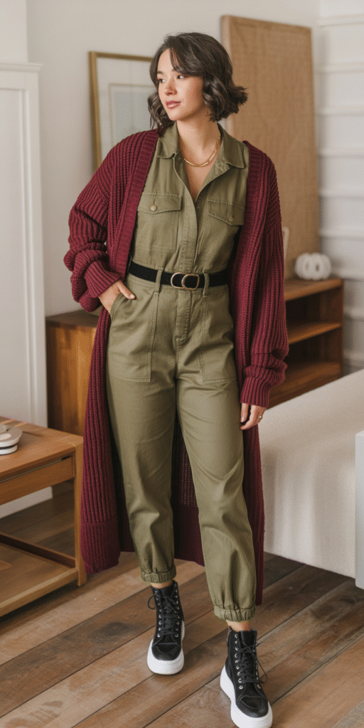 A well-fitted utility jumpsuit in a neutral tone, worn with a chunky, oversized cardigan in a warm, autumnal shade. The jumpsuit has a slightly relaxed silhouette, with roomy pockets and a zipper closure. The cardigan is a rich, textured knit that envelops the figure, creating a cozy, layered look. Soft, diffused lighting from above casts gentle shadows, accentuating the fabrics' depth and materiality. The setting is a clean, minimalist interior, with wooden floors and muted walls, allowing the outfit to be the focal point. An inviting, effortless autumn aesthetic. Fall utility jumpsuit (olive or burgundy) with thick knit cardigan layered over, combat boots or white sneakers, statement belt and minimalist gold jewelry — rustic wooden floor background, cozy fall morning vibe