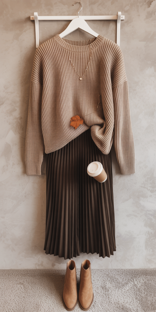 Autumn midi skirt in warm brown hues, flowing gently in a light breeze. Paired with a cozy knit sweater in a complementary tone, casually tucked at the waist. Sleek ankle boots in rich black leather complete the polished yet effortless look. Soft, diffused lighting casts a golden glow, highlighting the textures and creating a mood of crisp, inviting fall. The scene is framed from a slightly elevated angle, drawing the eye to the harmonious color palette and elegant silhouette of the outfit. Feminine fall outfit styled on hanger or flat lay: pleated midi skirt (brown or deep green), soft sweater partially tucked, tan ankle boots, dainty gold jewelry — cozy and stylish, styled with a fall leaf or coffee cup