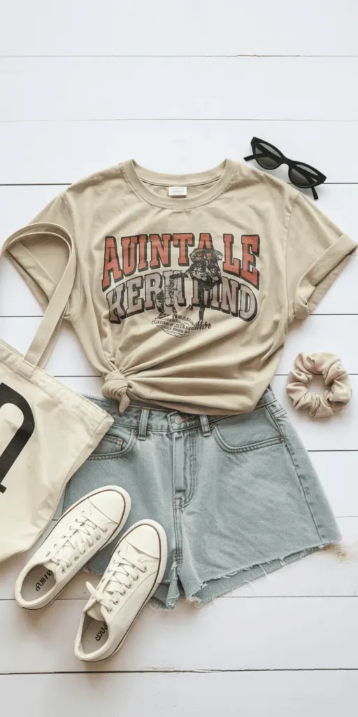 Flat lay of a summer casual outfit: vintage graphic t-shirt, light denim high-waisted shorts, crisp white sneakers, canvas tote bag, sunglasses, pink scrunchie, white wooden background, bright and fresh