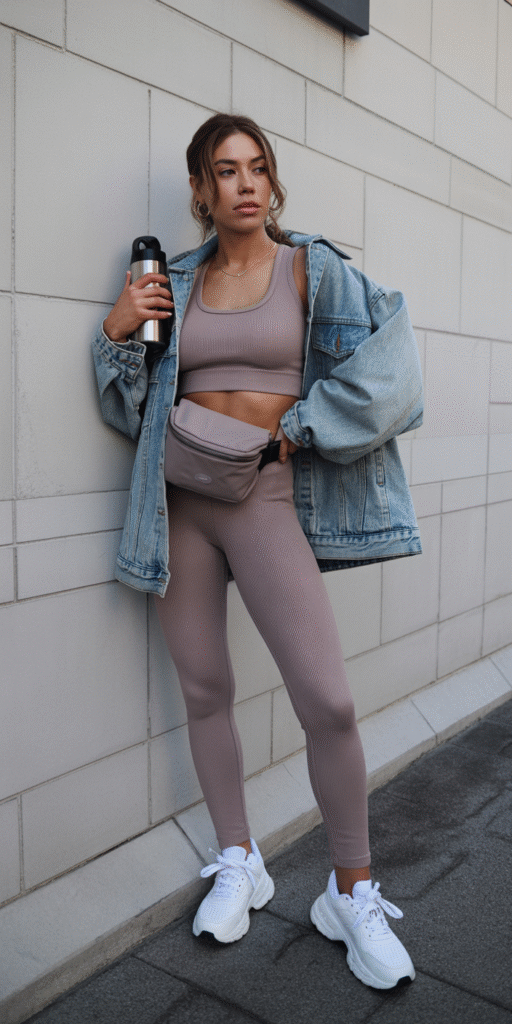 A young woman wearing a coordinated athleisure outfit consisting of a fitted black sports bra and matching high-waisted leggings. She has a denim jacket casually draped over her shoulders, adding a casual, off-duty touch. The woman is posed casually, with one hand on her hip and a relaxed, confident expression on her face. The lighting is soft and natural, creating a warm, inviting atmosphere. The background is blurred, keeping the focus on the subject's stylish yet comfortable ensemble. The overall mood is one of effortless style and approachable sophistication. Sporty chic flat lay: matching workout set (mauve or taupe), oversized light-wash denim jacket, white chunky sneakers, water bottle, small backpack or belt bag, bold minimalist styling