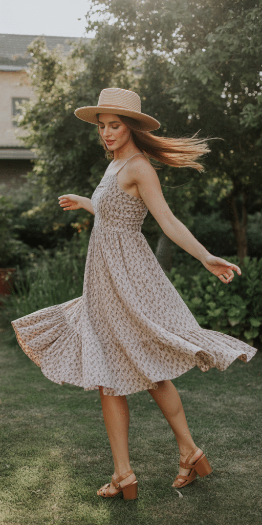 Summer lifestyle photo: woman twirling in a flowy sundress with a wide-brim straw hat, wearing leather sandals, standing in a garden or field, golden hour lighting, romantic and airy