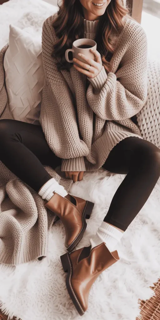 Cozy fall outfit flat lay: oversized chunky knit beige sweater, black leggings, brown ankle boots, wool socks peeking out, coffee mug, soft throw blanket in background, cozy textures, Pinterest-worthy styling
