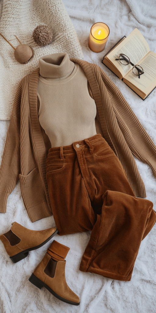 Cozy winter flat lay: neutral fitted turtleneck, ribbed knit cardigan, rust or olive corduroy pants, suede ankle boots, warm-toned socks, book and glasses, candle for ambiance