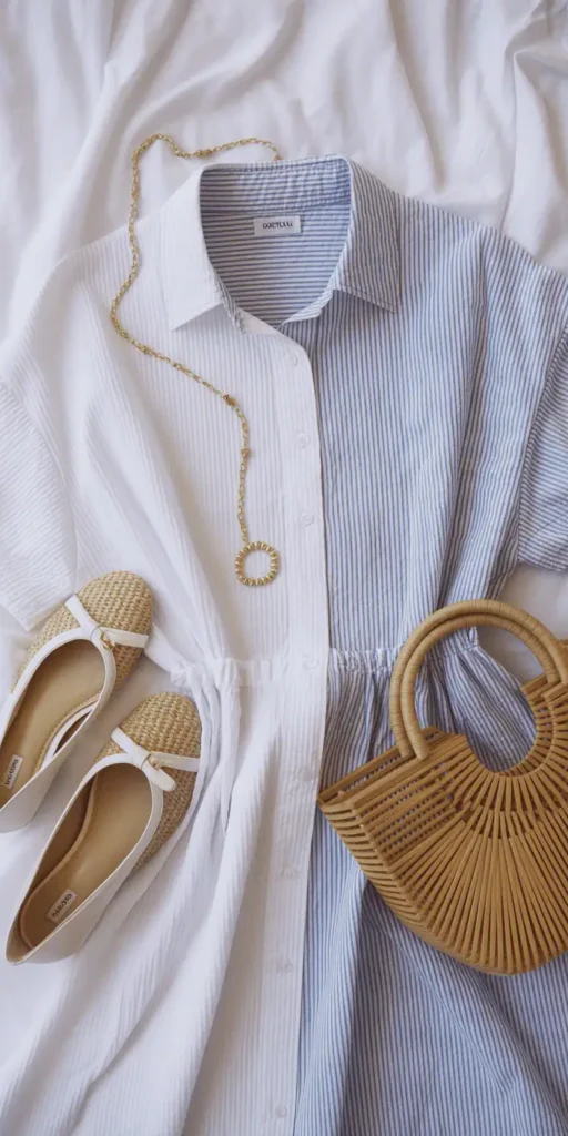 Flat lay of a cotton shirt dress (white or light blue), delicate gold jewelry, beige ballet flats, straw handbag, minimalistic and fresh styling, natural light, crisp and clean look