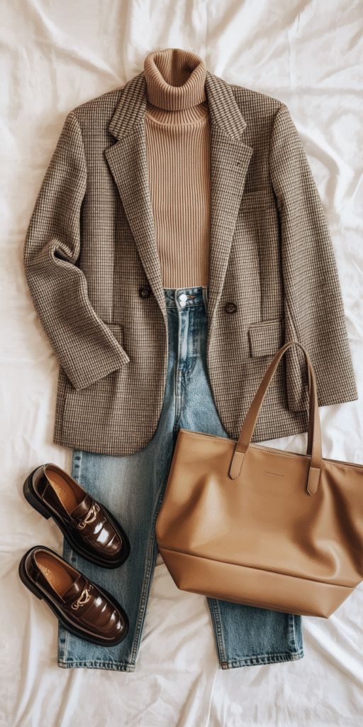 A cozy fall outfit featuring a well-tailored blazer in a rich burgundy hue, paired with a soft turtleneck sweater in a complementary neutral tone. The straight-leg jeans in a classic indigo wash provide a sleek, streamlined base. The lighting is warm and inviting, with gentle shadows that accentuate the textures of the fabrics. The scene is captured in a three-quarter length shot, showcasing the entire ensemble against a backdrop of muted autumnal tones, lending a sense of seasonal elegance and timelessness. Flat lay of checkered blazer, fitted turtleneck (ivory or mocha), straight-leg jeans, leather loafers or ankle boots, and tote bag — polished and practical, ideal for smart casual looks