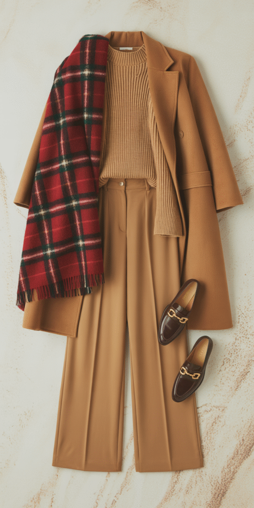 A finely tailored, monochromatic camel outfit, featuring a belted trench coat, wide-leg pants, and polished leather boots. A large, statement scarf in a rich, earthy tone is draped elegantly around the model's neck, adding a touch of luxurious texture. Soft, diffused lighting illuminates the ensemble, casting gentle shadows and highlighting the high-quality materials. The model stands confidently against a muted, minimalist background, conveying a sense of refined, autumnal style. The overall mood is one of cozy sophistication, perfectly embodying the essence of a chic, fall outfit. Stylish flat lay of camel wide-leg pants, matching camel sweater, and structured coat, with a bold statement scarf in burgundy plaid or jewel tones — gold jewelry and loafers added, warm editorial lighting
