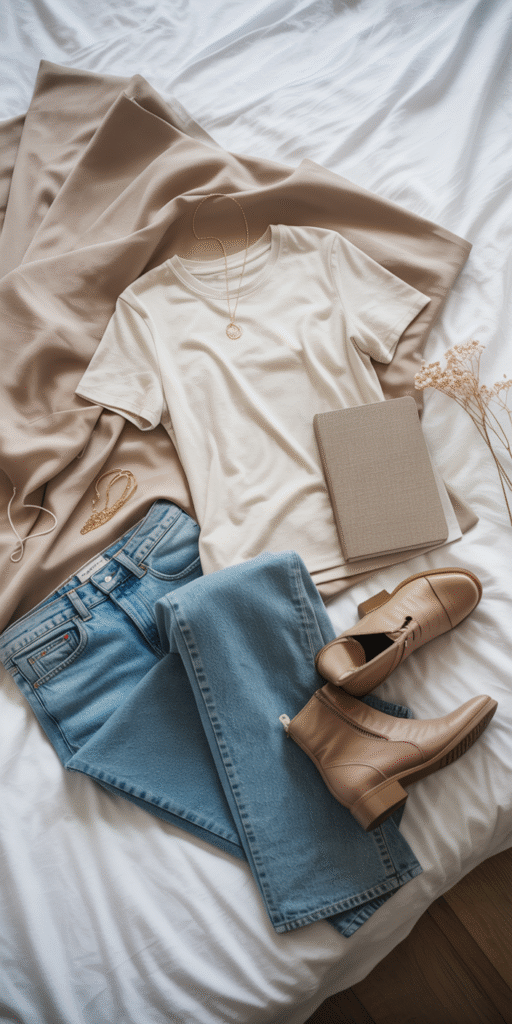 A flat lay of a minimalist wardrobe on a white bed: folded white t-shirt, classic jeans, ankle boots, delicate gold jewelry, a linen notebook, neutral tones, natural light, aesthetic composition, cozy feminine vibe, Pinterest fashion photography style