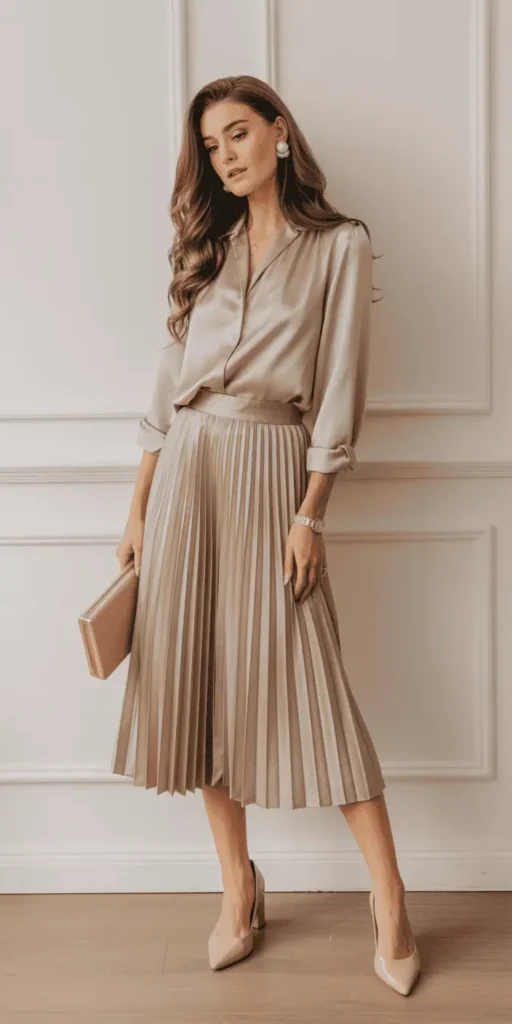 Feminine outfit flat lay: pleated midi skirt in blush or taupe, tucked-in silky blouse, nude block heels, pearl earrings, clutch bag, light neutral background, soft and romantic aesthetic