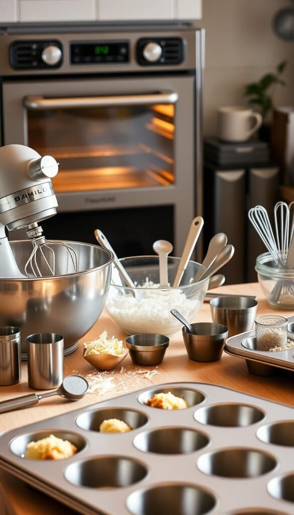 A baking station bathed in warm, soft lighting, showcasing the essential tools for crafting coconut lime muffins: a mixing bowl, hand mixer, measuring cups and spoons, a zester, a whisk, and a muffin tin. The countertop is a light, natural wood, complementing the stainless steel accents. In the background, a vintage-inspired oven and a few sprigs of fresh lime and coconut shavings, hinting at the delicious treats to come. The scene exudes a sense of homey, culinary charm, inviting the viewer to imagine the satisfying process of baking these mouthwatering muffins. A baking station bathed in warm, soft lighting, showcasing the essential tools for crafting coconut lime muffins: a mixing bowl, hand mixer, measuring cups and spoons, a zester, a whisk, and a muffin tin. The countertop is a light, natural wood, complementing the stainless steel accents. In the background, a vintage-inspired oven and a few sprigs of fresh lime and coconut shavings, hinting at the delicious treats to come. The scene exudes a sense of homey, culinary charm, inviting the viewer to imagine the satisfying process of baking these mouthwatering muffins.