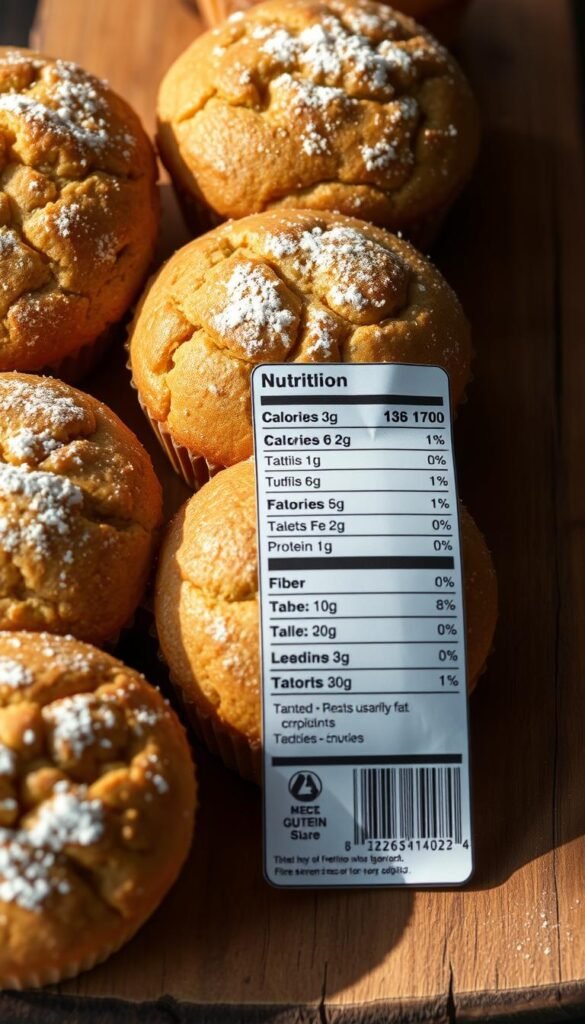 A close-up shot of several freshly baked, golden-brown muffins arranged on a rustic wooden surface. The muffins have a soft, inviting texture and are dusted with a light sprinkling of powdered sugar. Prominent in the frame is a detailed nutritional information label, clearly displaying the key nutritional facts such as calories, carbohydrates, protein, and fiber content. The lighting is natural and warm, casting a gentle glow over the scene, emphasizing the wholesome and healthy nature of the muffins. The background is slightly blurred, allowing the muffins and nutritional information to be the focal point of the image. A close-up shot of several freshly baked, golden-brown muffins arranged on a rustic wooden surface. The muffins have a soft, inviting texture and are dusted with a light sprinkling of powdered sugar. Prominent in the frame is a detailed nutritional information label, clearly displaying the key nutritional facts such as calories, carbohydrates, protein, and fiber content. The lighting is natural and warm, casting a gentle glow over the scene, emphasizing the wholesome and healthy nature of the muffins. The background is slightly blurred, allowing the muffins and nutritional information to be the focal point of the image.