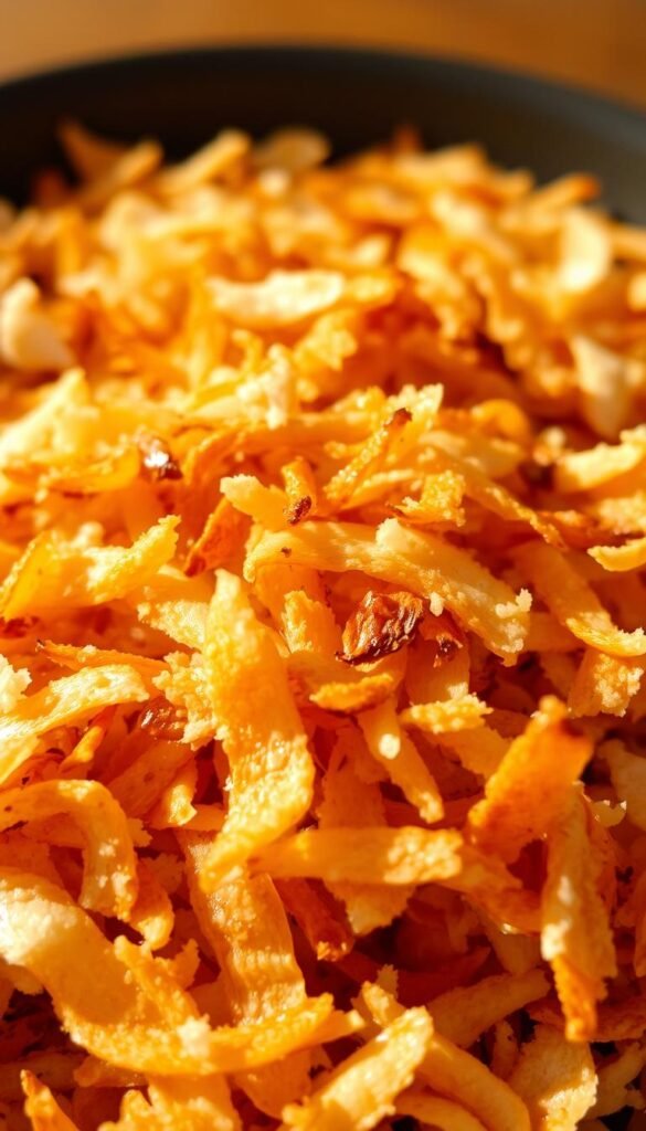 A close-up view of freshly toasted coconut flakes, their golden-brown surfaces glistening under warm, diffused lighting. The flakes are arranged in an appealing, natural-looking pile, with some slightly charred edges adding depth and texture. The lighting casts soft shadows, emphasizing the flakes' delicate, wispy forms. The background is blurred, allowing the coconut to be the central focus. The overall mood is cozy, inviting and evocative of a delicious breakfast or baking treat. A close-up view of freshly toasted coconut flakes, their golden-brown surfaces glistening under warm, diffused lighting. The flakes are arranged in an appealing, natural-looking pile, with some slightly charred edges adding depth and texture. The lighting casts soft shadows, emphasizing the flakes' delicate, wispy forms. The background is blurred, allowing the coconut to be the central focus. The overall mood is cozy, inviting and evocative of a delicious breakfast or baking treat.