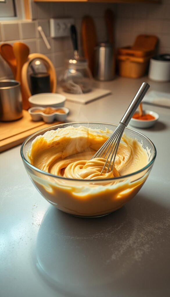 A crisp, well-lit kitchen counter, the surface dusted with a light coating of flour. In the foreground, a mixing bowl filled with thick, golden-hued muffin batter, a whisk swirling and folding the ingredients together in a rhythmic dance. Wisps of steam rise from the bowl, hinting at the warmth and aroma to come. The backdrop features neatly arranged baking tools and ingredients, including a small bowl of cinnamon-sugar mixture, ready to be incorporated. Warm, ambient lighting casts a cozy glow, and the camera angle provides an intimate, close-up view of the mixing process, inviting the viewer to imagine the satisfying texture and flavor of the homemade apple cinnamon muffins. A crisp, well-lit kitchen counter, the surface dusted with a light coating of flour. In the foreground, a mixing bowl filled with thick, golden-hued muffin batter, a whisk swirling and folding the ingredients together in a rhythmic dance. Wisps of steam rise from the bowl, hinting at the warmth and aroma to come. The backdrop features neatly arranged baking tools and ingredients, including a small bowl of cinnamon-sugar mixture, ready to be incorporated. Warm, ambient lighting casts a cozy glow, and the camera angle provides an intimate, close-up view of the mixing process, inviting the viewer to imagine the satisfying texture and flavor of the homemade apple cinnamon muffins.