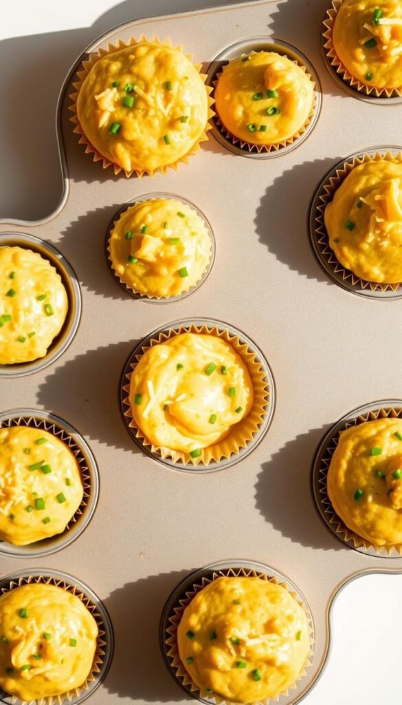 A crisp, well-lit overhead view of a muffin tin filled with perfectly portioned cheddar chive muffin batter. The batter is a luscious, golden yellow hue, flecked with vibrant green chives and shredded cheddar cheese. The muffin cups are evenly filled, with the batter gently mounded at the top, ready to rise into perfectly domed muffins. The lighting casts warm, soft shadows, highlighting the rich, appetizing texture of the batter. The muffin tin is placed on a clean, white surface, creating a minimalist, appetizing composition that showcases the muffin portioning technique in a clear, instructive manner. A crisp, well-lit overhead view of a muffin tin filled with perfectly portioned cheddar chive muffin batter. The batter is a luscious, golden yellow hue, flecked with vibrant green chives and shredded cheddar cheese. The muffin cups are evenly filled, with the batter gently mounded at the top, ready to rise into perfectly domed muffins. The lighting casts warm, soft shadows, highlighting the rich, appetizing texture of the batter. The muffin tin is placed on a clean, white surface, creating a minimalist, appetizing composition that showcases the muffin portioning technique in a clear, instructive manner.