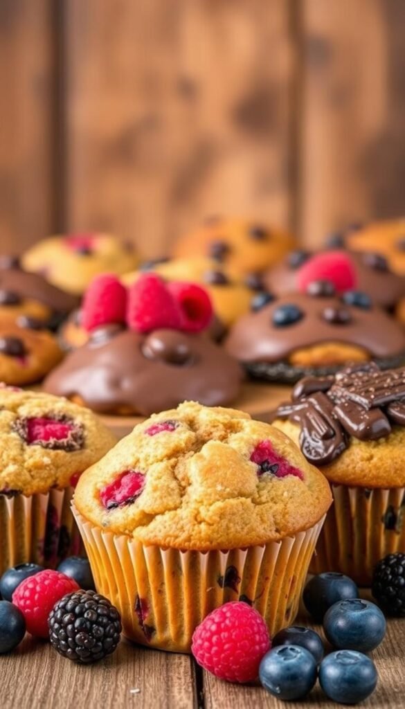 A neatly arranged display of gourmet muffins in a rustic wooden setting. The muffins feature a variety of berry and chocolate flavors, each one a visually appealing and tempting treat. The foreground showcases the muffins in close-up, with their moist, crumbly texture and vibrant, appetizing toppings clearly visible. The middle ground features a scattering of fresh berries - juicy blueberries, raspberries, and blackberries - complementing the muffins. In the background, a warm, diffused lighting creates a cozy, inviting atmosphere, casting a soft glow over the scene. The overall composition is balanced and visually striking, highlighting the delectable nature of these gluten-free almond flour muffins and their diverse flavor variations. A neatly arranged display of gourmet muffins in a rustic wooden setting. The muffins feature a variety of berry and chocolate flavors, each one a visually appealing and tempting treat. The foreground showcases the muffins in close-up, with their moist, crumbly texture and vibrant, appetizing toppings clearly visible. The middle ground features a scattering of fresh berries - juicy blueberries, raspberries, and blackberries - complementing the muffins. In the background, a warm, diffused lighting creates a cozy, inviting atmosphere, casting a soft glow over the scene. The overall composition is balanced and visually striking, highlighting the delectable nature of these gluten-free almond flour muffins and their diverse flavor variations.