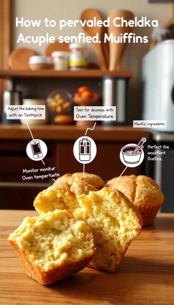 A neatly organized kitchen counter with various baking tools and ingredients. In the foreground, a close-up of a muffin, sliced in half, revealing its fluffy interior. Surrounding it, a set of annotated diagrams demonstrating common troubleshooting techniques - adjusting the baking time, testing for doneness with a toothpick, monitoring oven temperature, and properly measuring ingredients. The lighting is warm and natural, accentuating the textures of the muffin and the clarity of the illustrated guides. The overall scene conveys a sense of helpful, instructional guidance for achieving perfect savory cheddar and chive muffins. A neatly organized kitchen counter with various baking tools and ingredients. In the foreground, a close-up of a muffin, sliced in half, revealing its fluffy interior. Surrounding it, a set of annotated diagrams demonstrating common troubleshooting techniques - adjusting the baking time, testing for doneness with a toothpick, monitoring oven temperature, and properly measuring ingredients. The lighting is warm and natural, accentuating the textures of the muffin and the clarity of the illustrated guides. The overall scene conveys a sense of helpful, instructional guidance for achieving perfect savory cheddar and chive muffins.