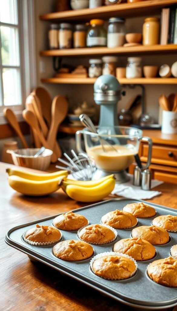 A warm and inviting kitchen scene, with a wooden countertop in the foreground. On it, a tray of freshly baked peanut butter banana muffins, their golden-brown tops glistening under the soft, natural lighting filtering in through a nearby window. In the middle ground, a mixing bowl filled with a creamy batter, a whisk, and a few ripe bananas sit alongside measuring cups and spoons. The background features shelves stocked with baking ingredients, jars, and cookbooks, creating a cozy, homemade atmosphere. The scene conveys the satisfying process of preparing this delectable treat, with a focus on the key stages of the baking journey. A warm and inviting kitchen scene, with a wooden countertop in the foreground. On it, a tray of freshly baked peanut butter banana muffins, their golden-brown tops glistening under the soft, natural lighting filtering in through a nearby window. In the middle ground, a mixing bowl filled with a creamy batter, a whisk, and a few ripe bananas sit alongside measuring cups and spoons. The background features shelves stocked with baking ingredients, jars, and cookbooks, creating a cozy, homemade atmosphere. The scene conveys the satisfying process of preparing this delectable treat, with a focus on the key stages of the baking journey.