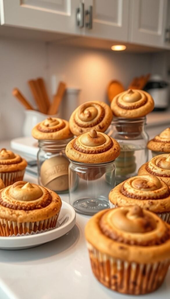 A well-lit kitchen counter with several freshly baked cinnamon swirl muffins arranged in a visually appealing display. The muffins are presented in a combination of clear glass jars and simple white serving platters, allowing their swirled cinnamon pattern and golden-brown tops to be prominently showcased. Soft, diffused lighting from overhead casts a warm, inviting glow, accentuating the delicate texture and mouthwatering appearance of the pastries. The scene conveys a sense of homemade comfort and culinary artistry, suitable for presentation in a recipe article about cinnamon roll muffins. A well-lit kitchen counter with several freshly baked cinnamon swirl muffins arranged in a visually appealing display. The muffins are presented in a combination of clear glass jars and simple white serving platters, allowing their swirled cinnamon pattern and golden-brown tops to be prominently showcased. Soft, diffused lighting from overhead casts a warm, inviting glow, accentuating the delicate texture and mouthwatering appearance of the pastries. The scene conveys a sense of homemade comfort and culinary artistry, suitable for presentation in a recipe article about cinnamon roll muffins.