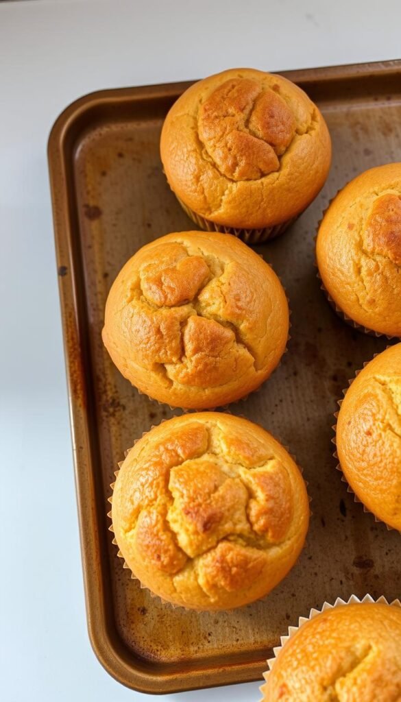 Warm, golden-brown muffins fresh from the oven, their delicate crust glistening under soft, diffused lighting. The interior, moist and inviting, with a delightful cinnamon aroma wafting through the air. Carefully positioned on a rustic baking tray, the muffins are captured from a slight overhead angle, showcasing their perfect, uniform shape and size. The background is a clean, minimalist kitchen countertop, allowing the star of the image - the baked muffins - to take center stage. This scene evokes a sense of homemade comfort and the satisfying culmination of the baking process. Warm, golden-brown muffins fresh from the oven, their delicate crust glistening under soft, diffused lighting. The interior, moist and inviting, with a delightful cinnamon aroma wafting through the air. Carefully positioned on a rustic baking tray, the muffins are captured from a slight overhead angle, showcasing their perfect, uniform shape and size. The background is a clean, minimalist kitchen countertop, allowing the star of the image - the baked muffins - to take center stage. This scene evokes a sense of homemade comfort and the satisfying culmination of the baking process.