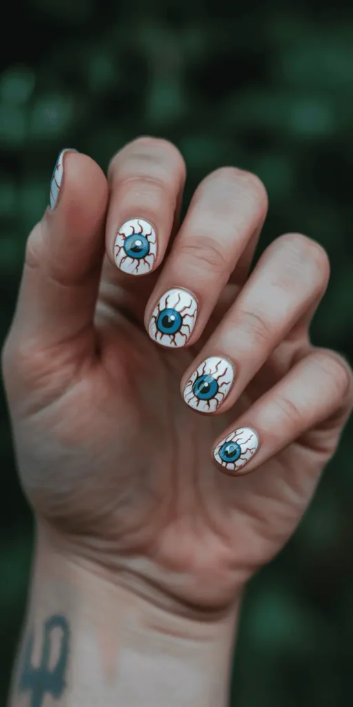 Creepy-cool and unforgettable, eyeball nail art uses circles, red veins, and shadowing for a fun horror effect. Best on round or almond-shaped nails.